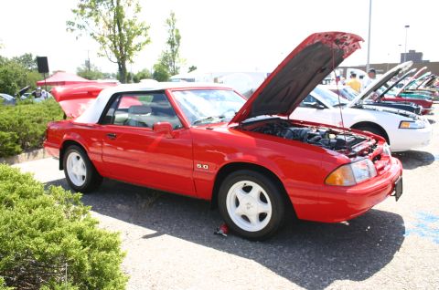1968 Shelby GT500 - Red convertible Mustang with white top and hood open, parked at a car show with other vehicles.