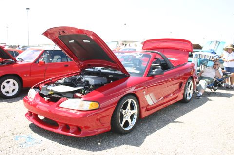 1968 Shelby GT500 - Two red convertibles are parked side-by-side at an outdoor event, one with its hood open.