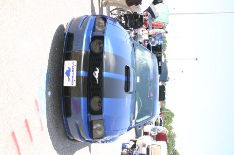1968 Shelby GT500 - A blue Ford Mustang with racing stripes is parked in a lot with other vehicles and people around.