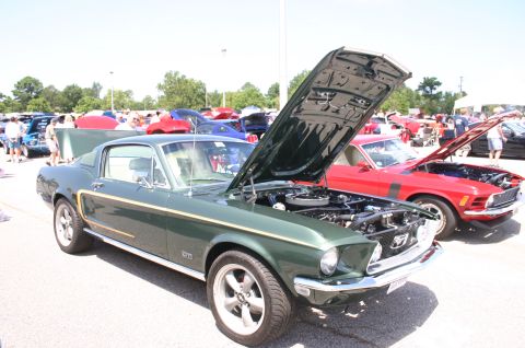 1968 Shelby GT500 - Two classic Ford Mustangs are displayed with their hoods open at an outdoor car show.
