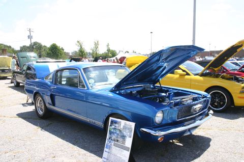 1968 Shelby GT500 - A blue 1965 Ford Mustang fastback is displayed with its hood open at a car show, alongside other vehicles.