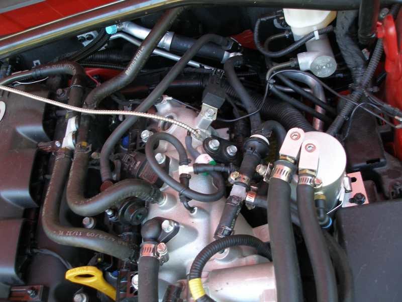 Engine bay with hoses, fluid reservoir, and yellow dipstick