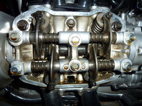 1978 Honda GL1000 - Detailed view of the internal workings of a motorcycle engine's valve train mechanism.