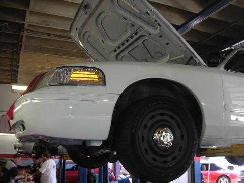 2004 Ford Crown Victoria - A white 2004 Ford Crown Victoria is shown on a car lift in a garage, with its hood open for service.