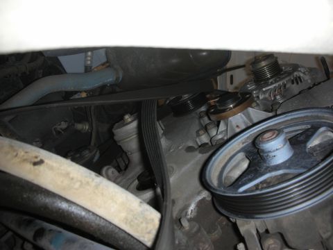 2004 Ford Crown Victoria - Close-up view of the engine bay, focusing on the pulleys and alternator assembly.
