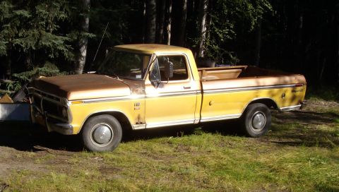 1976 Ford F-150 - This 1976 Ford F-150 pickup truck is parked outdoors with trees in the background.