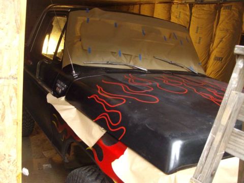 1978 Ford Bronco - This 1978 Ford Bronco is being prepped for paint with flame decals visible.