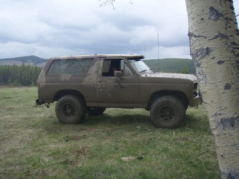 1985 Ford Bronco - A muddy SUV, likely from the 1980s, sits off-road near a large tree under an overcast sky.