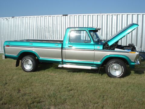 1979 Ford F-150 - Two-tone 1979 Ford F-150 pickup truck with the hood open, parked on grass.