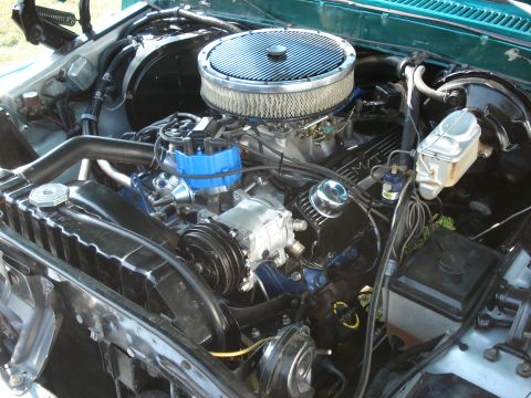 1979 Ford F-150 - Close-up view of a Ford V8 engine bay, showing the air intake and engine components.