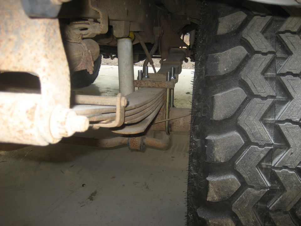 Close-up of rusty leaf spring suspension and knobby tire on a vehicle