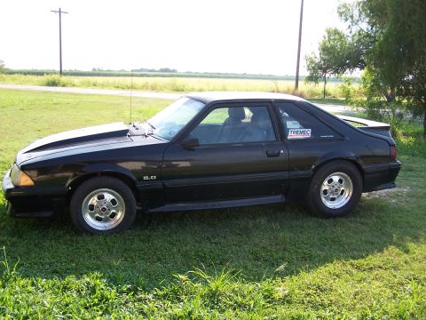 1979 Ford F-150 - Side view of a black Ford Mustang hatchback with aftermarket wheels and a hood scoop.