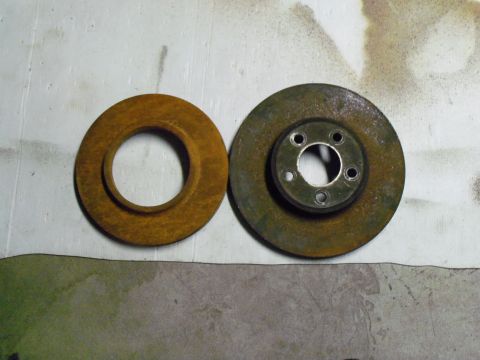 1979 Ford Ranchero - Aftermarket stock Ranchero rotor on left 10.75" stock Crown Vic rotor on right 12.44" used for mock-up of brake conversion only.