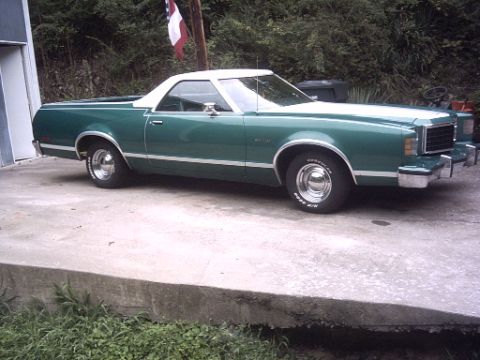 1977 Ford Ranchero - This 1977 Ford Ranchero features a two-tone green and white paint scheme with chrome accents.