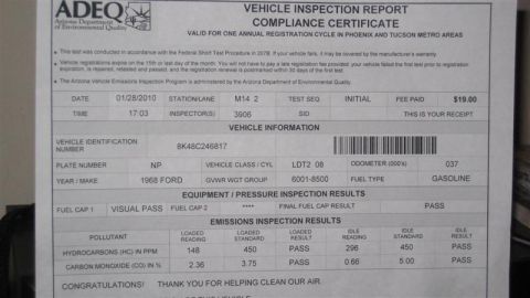1968 Ford Ranchero - This document is a vehicle inspection report with details about emissions and vehicle information.