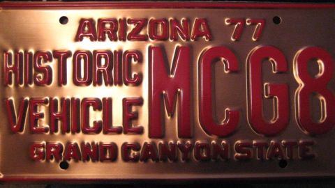 1968 Ford Ranchero - This Arizona license plate indicates 'Historic Vehicle' and shows the year '77'.
