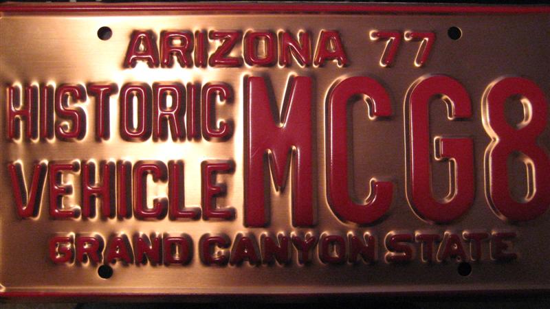 Arizona historic vehicle license plate with 'MCG8' and '77' visible