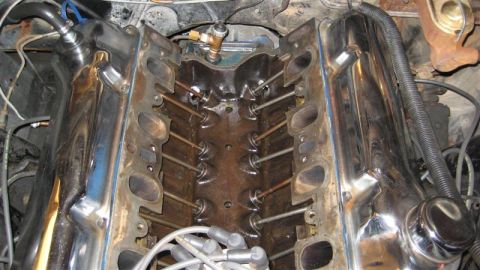 1968 Ford Ranchero - Close-up view of an engine block, showing internal components like valves and pushrods.