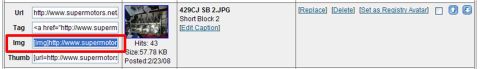 1972 Ford Ranchero - Screenshot of a SuperMotors photo-management row showing the Url, Tag, Img and Thumb link fields with the Img BBCode field highlighted by a…