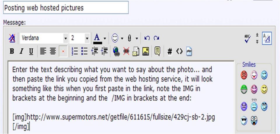 Screenshot of a web forum message editor with instructions on how to post images