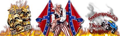 1989 Ford Bronco - This graphic features skulls, Uncle Sam, Confederate flags, and a small blue truck with flames and smoke effects.
