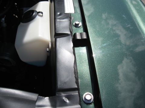 1968 Shelby GT500 - A close-up view of the engine bay shows a white fluid reservoir and the edge of the green metallic fender.