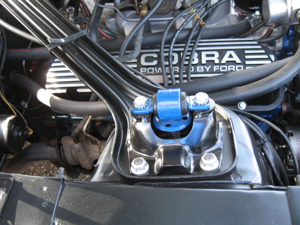 Close-up of a Ford Cobra engine with 'POWERED BY FORD' visible on the valve cover