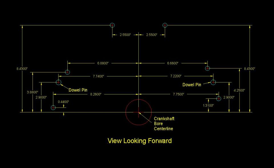 CAD drawing, view looking forward, of bolt and dowel pin hole locations from crankshaft bore centerline