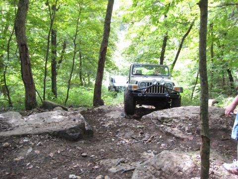 2005 Jeep Wrangler - Two Jeep Wranglers navigate a challenging rocky trail through a dense forest.