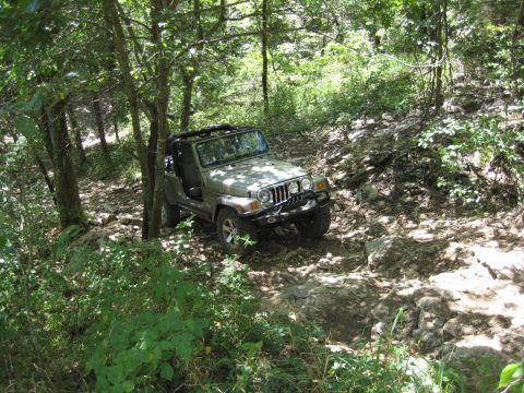 2005 Jeep Wrangler - 2005 Jeep Wrangler navigating a challenging rocky path through trees.