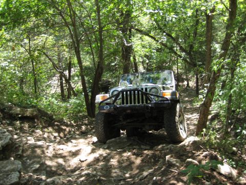 2005 Jeep Wrangler - Jeep Wrangler navigating a rough, off-road path through a forest.