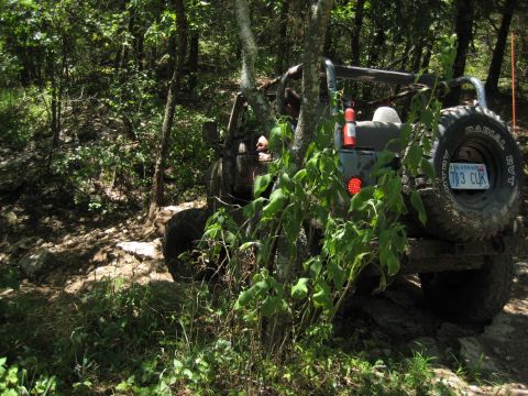 2005 Jeep Wrangler - Jeep Wrangler navigating a challenging, muddy off-road trail through a dense forest.