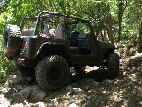 2005 Jeep Wrangler - This Jeep Wrangler is navigating a rocky path through a dense forest, its off-road capabilities.
