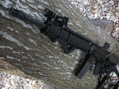 1996 Ford Bronco - Assault rifle with tactical accessories rests on a textured tree trunk with gravel in the background.