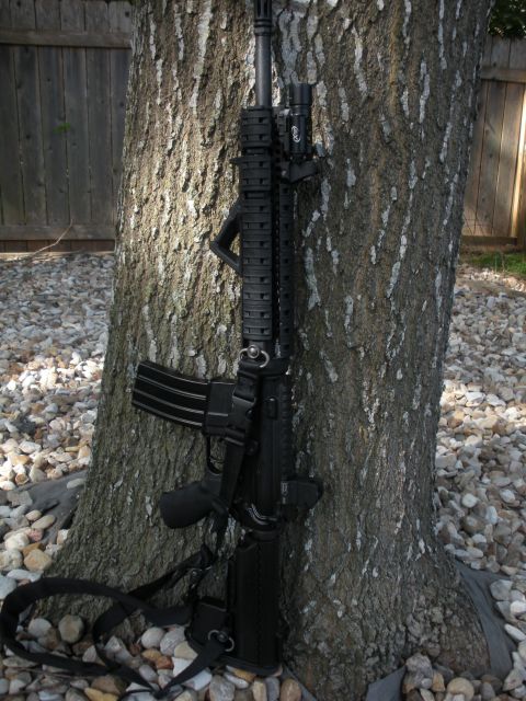 1996 Ford Bronco - A black rifle with tactical accessories is propped against a tree in an outdoor setting.