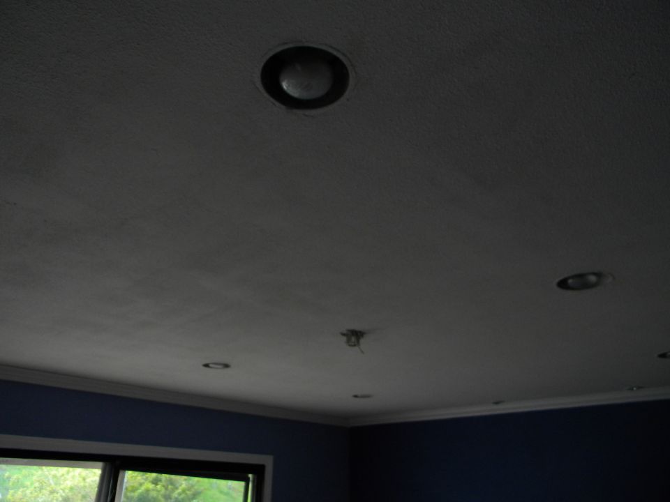 Interior ceiling with recessed lighting and a blue wall below