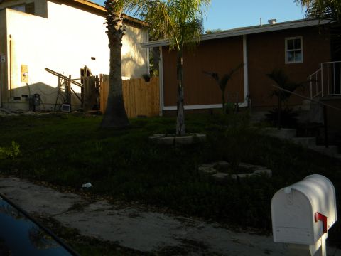 1992 Ford Bronco - A suburban yard scene features houses, palm trees, and a white mailbox. A portion of a dark vehicle is visible in the foreground.