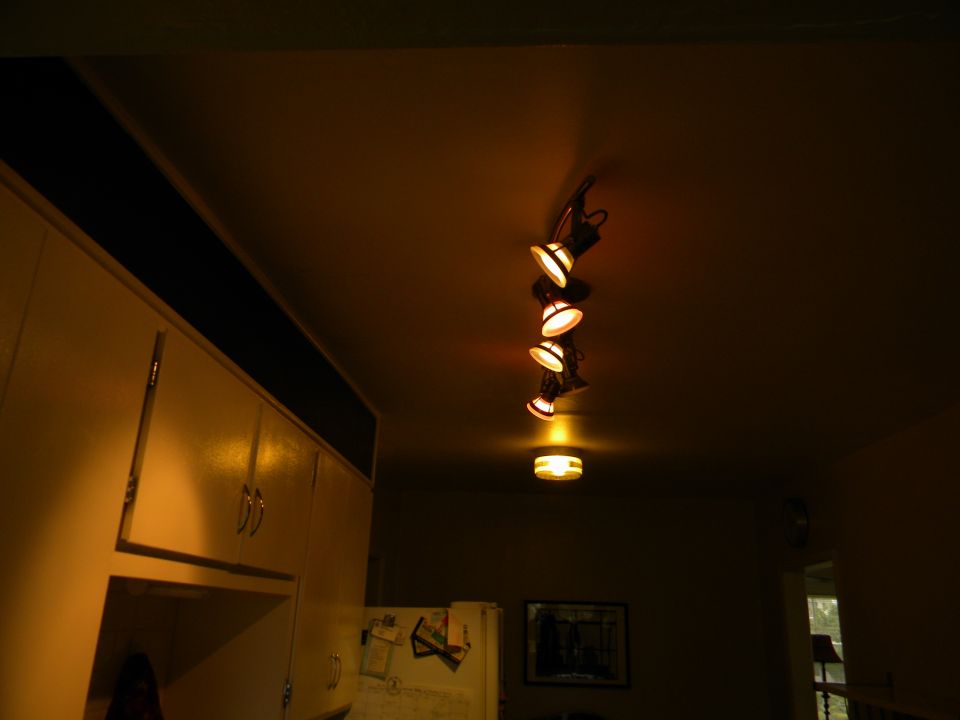 Track lighting on ceiling above kitchen cabinets and a refrigerator