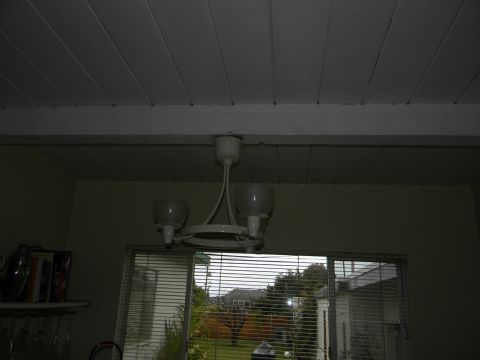 1992 Ford Bronco - Interior view of a ceiling with a light fixture, overlooking a backyard through a window.