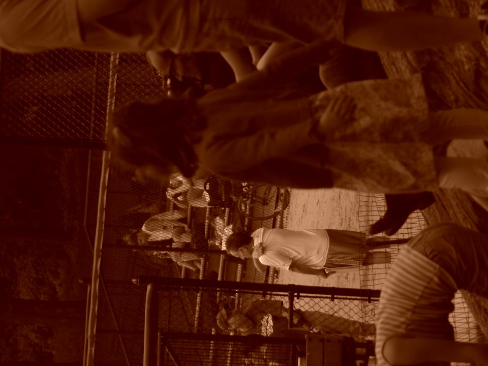People gathered behind a chain-link fence, some looking down