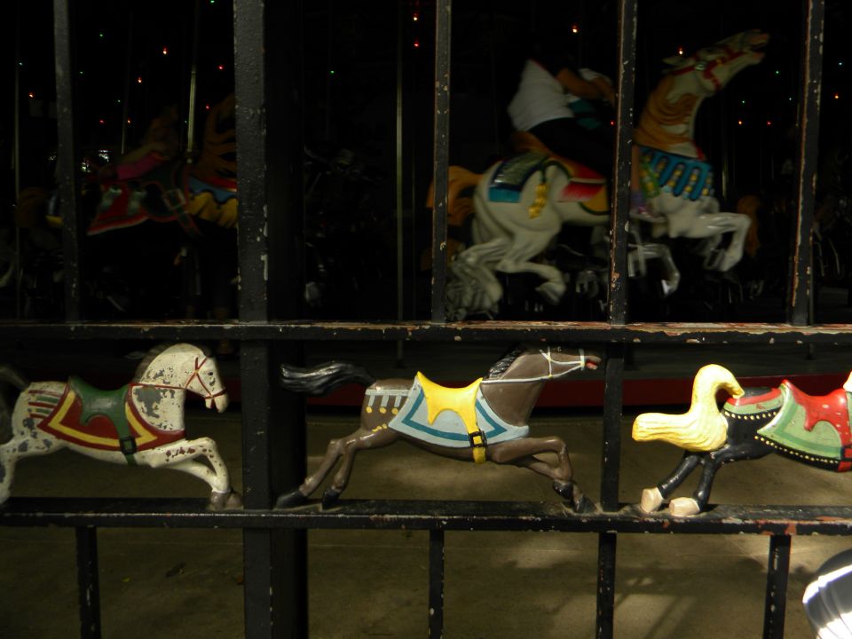 Carousel horses in motion behind a fence. Some have yellow saddles
