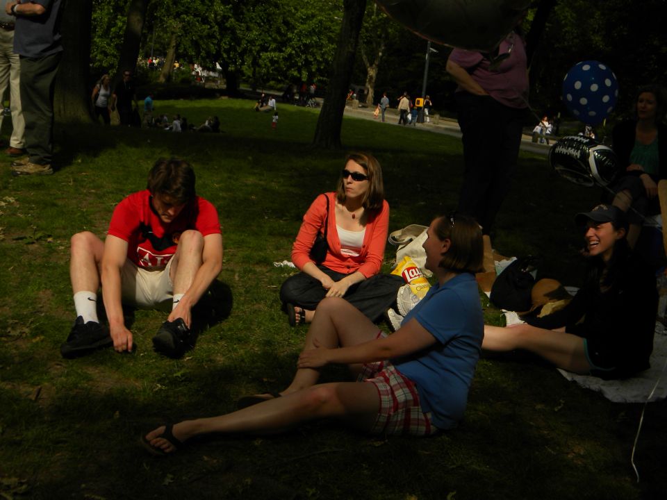 People sitting on grass in a park, with trees and other people in the background