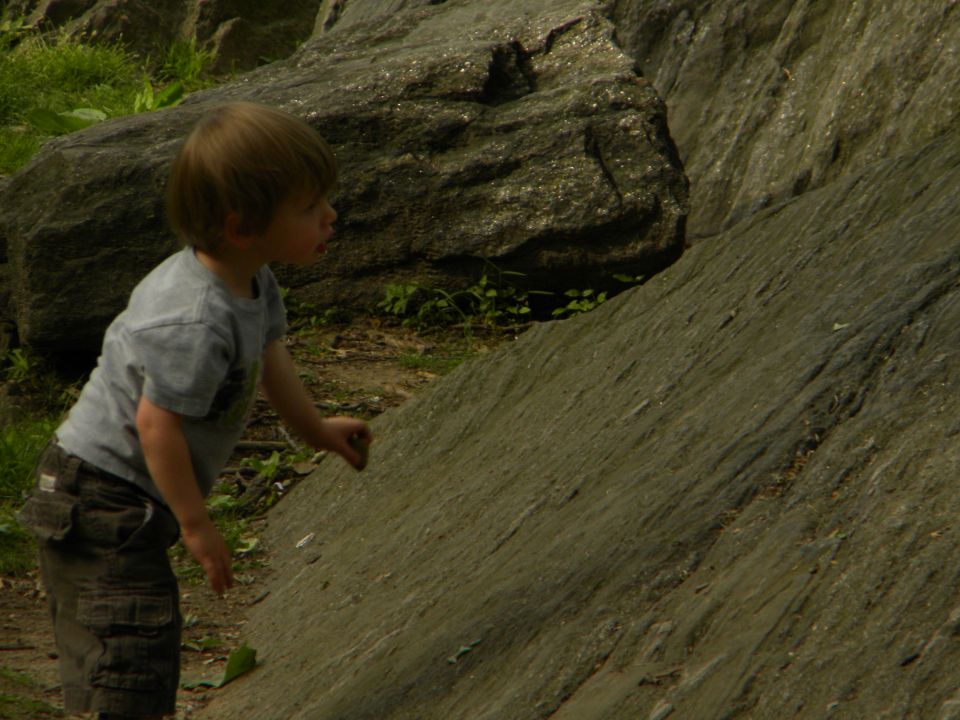 Child in a grey t-shirt and cargo shorts looking at large rocks outdoors