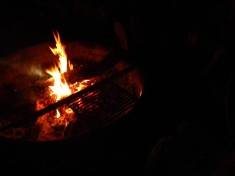 1992 Ford Bronco - A campfire burns brightly in the darkness, with flames and glowing embers visible.