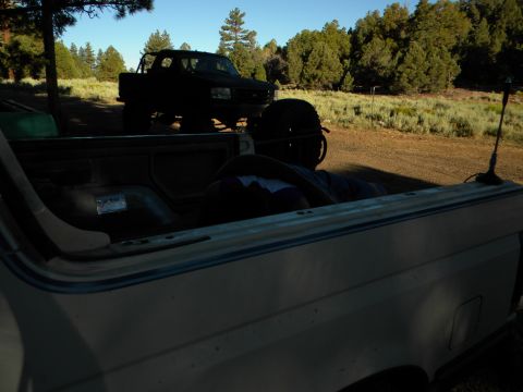 1992 Ford Bronco - A black pickup truck with a roll bar is parked in a wooded area, with another vehicle in the foreground.