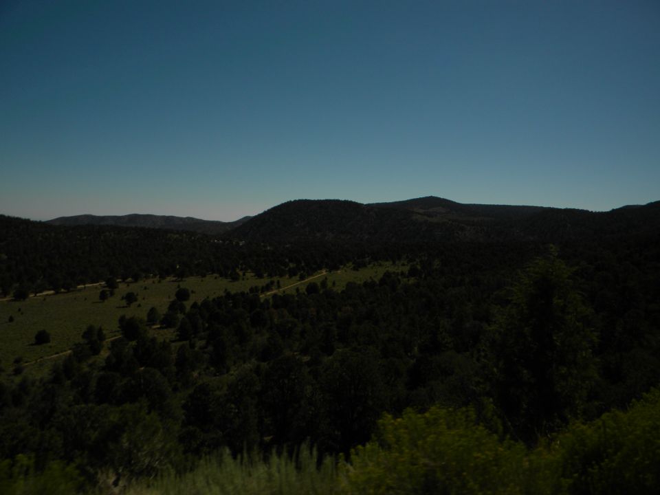 Wooded hills under a clear blue sky. A dirt road winds through the landscape