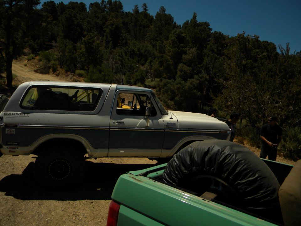 Side view of a 1978 Ford Bronco with a blue stripe, parked next to a green pickup truck