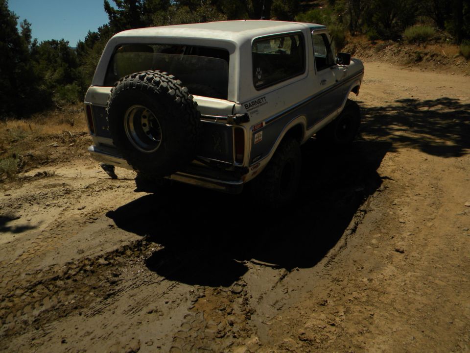 Ford Bronco on a dirt road, spare tire mounted on the back