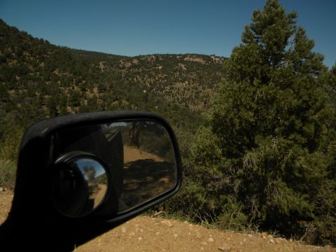 1992 Ford Bronco - View from a vehicle's side mirror shows a dirt road and trees in a hilly, natural environment.