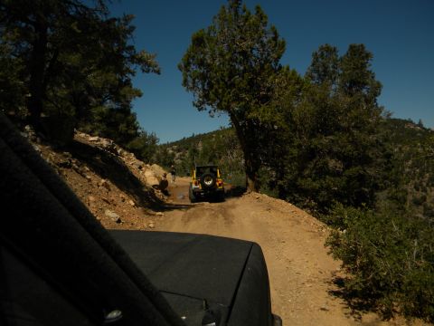 1992 Ford Bronco - Two Jeeps travel a dirt path through a wooded, mountainous area on a clear day.